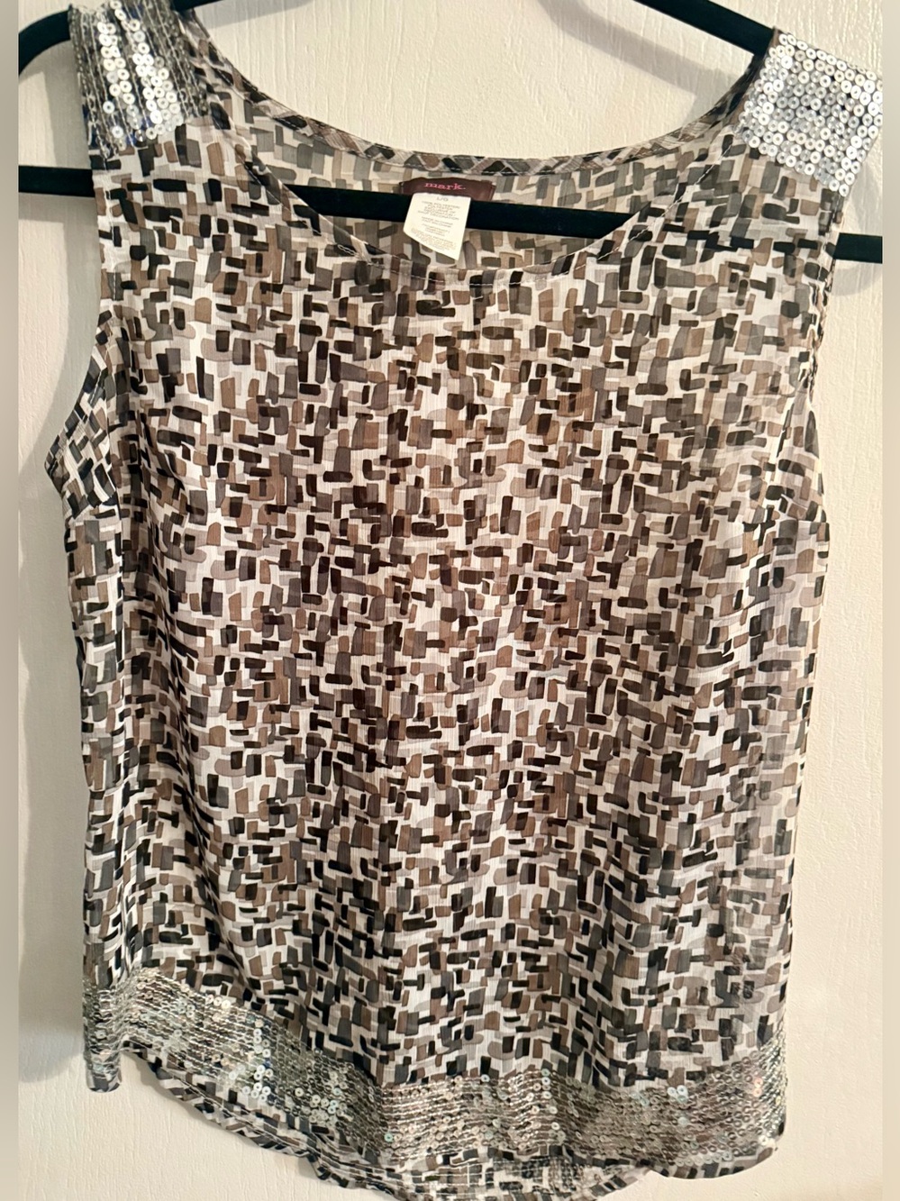 mark. Sheer Sleeveless Sequin-Trim Camisole in Brown and Cream